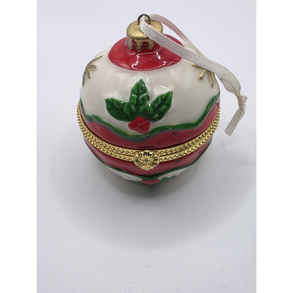 Vintage Porcelain BALL‎ SHAPED TRINKET BOX Poinsettia Leaves Christmas Ornament